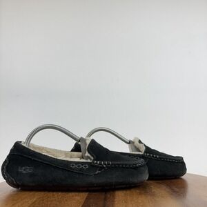 Womens Ugg Ansley Black Suede Wool Lined Comfort Loafers Slippers Size 8 M GUC